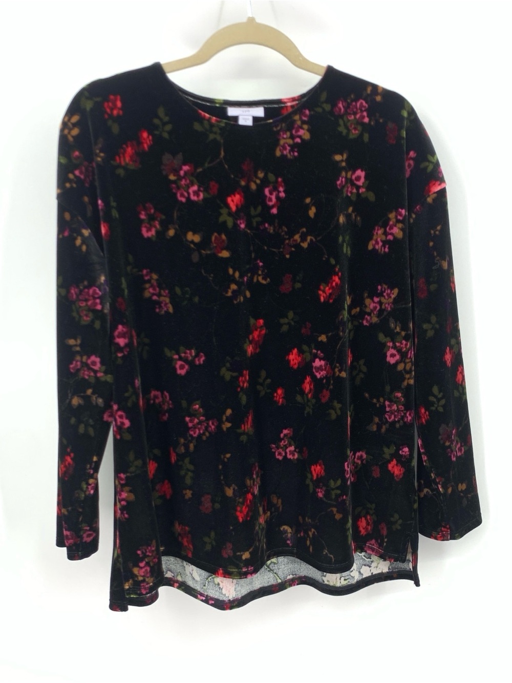 J Jill Women Size‎ Medium Shirt Black Red Floral Velvet Long Sleeve Top Sweater